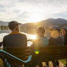 Riders cycling around Mount Beauty Pondage